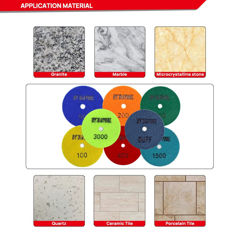 DT-DIATOOL Dry Diamond Polishing Pads 4 Inch for Granite Marble Quartz Stone Countertop Tiles 8 Pieces Grits 100 Grit 100