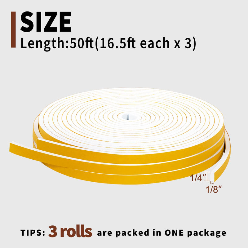 Yotache White Doors Windows Weather Stripping 3 Rolls 1/4 Inch Wide X 1/8 Inch Thick, Foam Insulation Sealing Gasket Tape for Doors, Sliding Door, Total 50 Feet Long (3 X 16.5 Ft Each) 1/4" W x 1/8" T