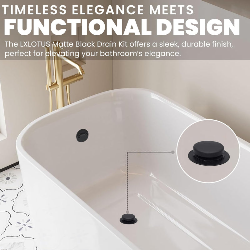LXLTOUS Matte Black Toe Tap Bathtub Trim Set with Two-Hole Overflow Faceplate, Replacement Tub Drain Kit with 2-Hole Overflow Cover and Universal Fine/Coarse Thread, Fits 1-3/8" and 1-1/2"