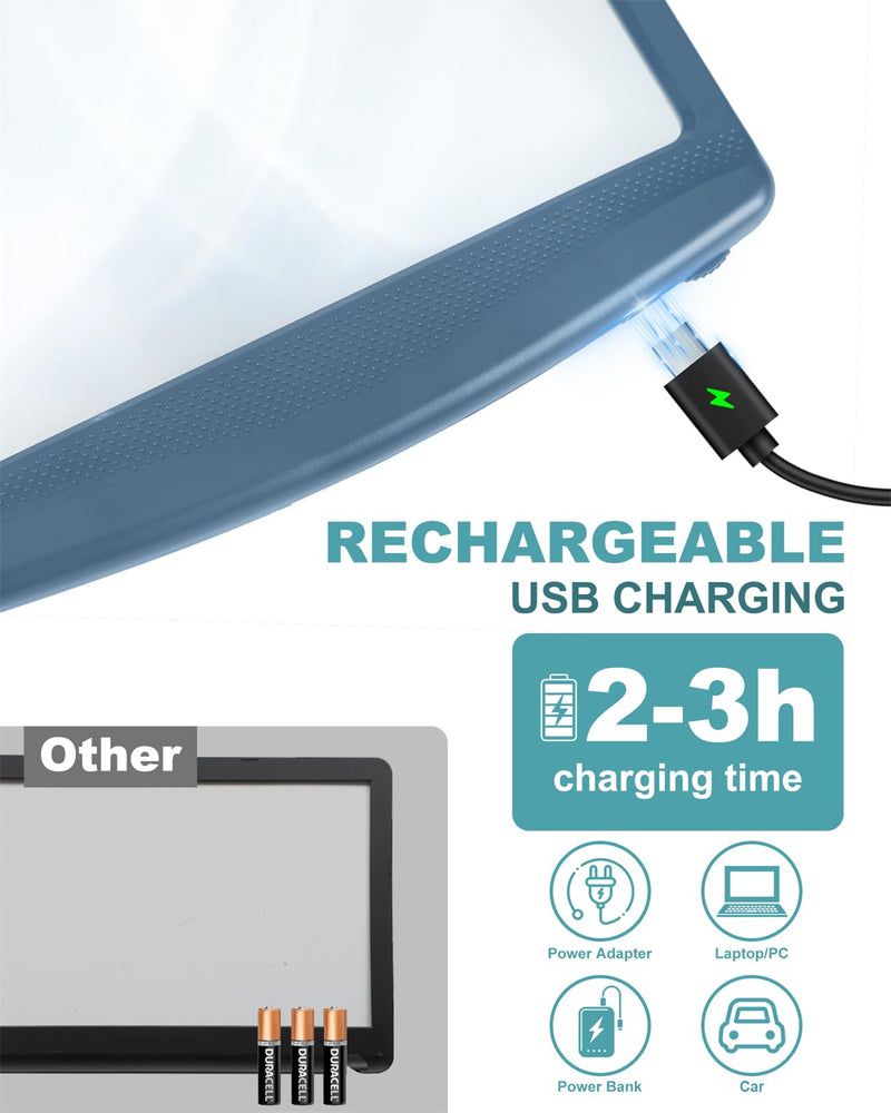 5X Rechargeable Magnifying Glass with Light, Large Bright LED Lighted Full Page Magnifier, Lightweight Rectangular Handheld Magnifier with Light for Reading Small Prints for Seniors, Blue 5X