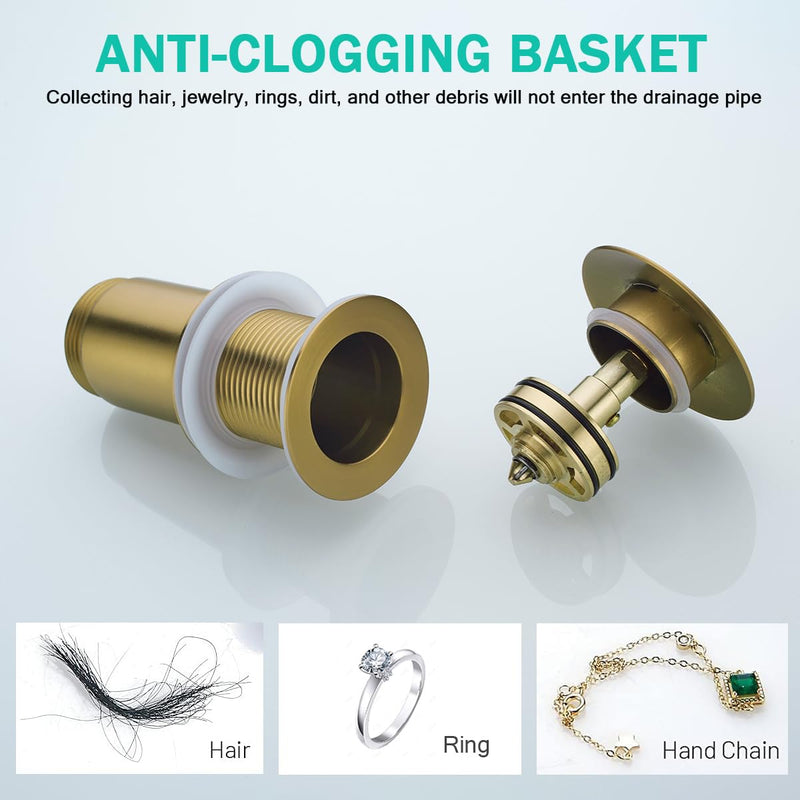 All Metal Bathroom Sink Drain,Pop-up Drain with Detachable Basket Stopper,Anti-Clogging Drain Strainer,Hair Catcher,for Vanity Vessel Sink Without Overflow,Champagne Bronze,SE83997PB-CB Champagne Bronze(without Overflow)
