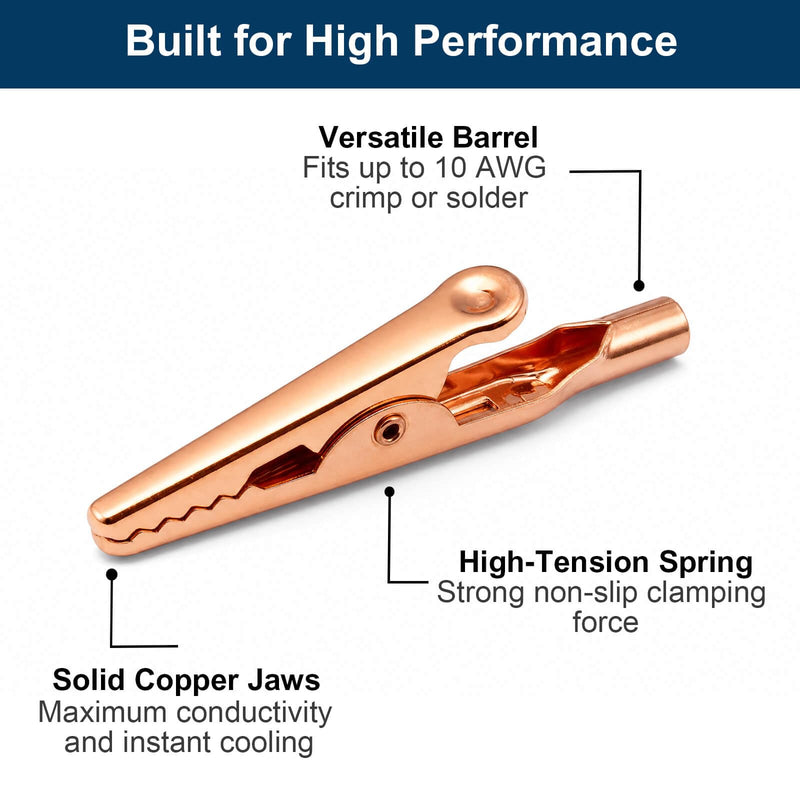Solid Copper Alligator Clips (10PCS), 2" Copper Crocodile Clamps for Soldering Heat Sink, DIY Electronics, Test Leads, Battery Connection, Up to 10 AWG, 10A