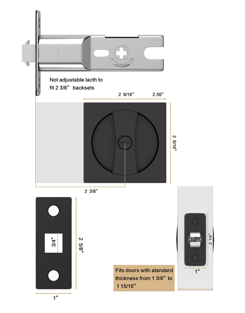 Pocket Door Hardware Black, Pocket Door Lock, Pocket Door Latch, Matte Black Contemporary Pocket Door Privacy Lock(1 Pack, Square) 1 Pack(Square)