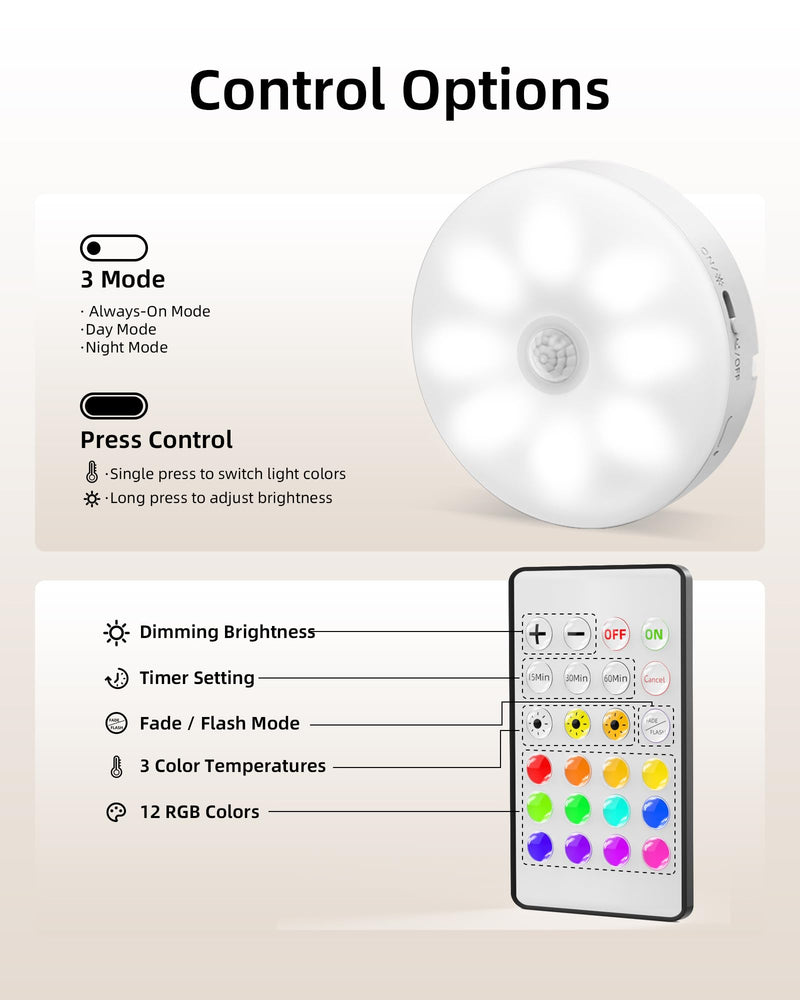 EZVALO Under Cabinet Lighting, Rechargeable Battery Operated Puck Lights with Remote, 3 Color Temps &12 RGB LED Motion Sensor Lights Indoor, Dimmable Magnetic Under Counter Lights for Kitchen (6 Pack) White 6packs