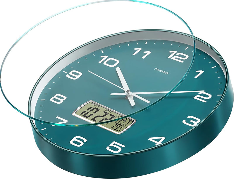 Wall Clock, 12" Dial Non-Ticking Silent Battery Operated Analog with LCD Display for Perpetual Calendar and F° Temperature, Ideal Modern Home, Bedroom, Kitchen, Office Decor (Green) 12 Inch Green