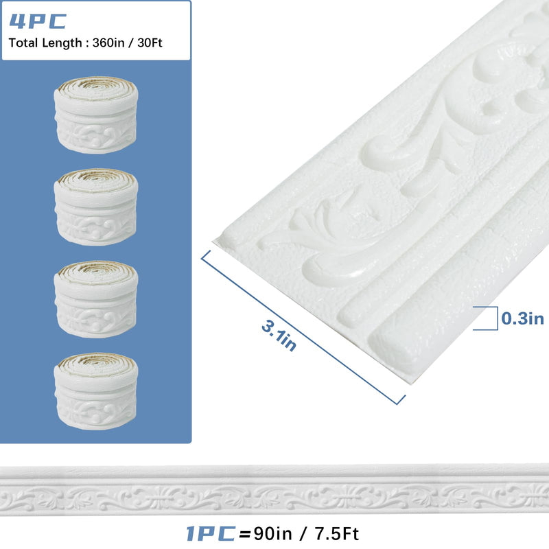 WADILE 90" x 3.1" Peel Stick Foam Molding Trim Self Adhesive, Crown Molding Wallpaper Border Flexible, 3D Wall Edging Lines Foam Baseboard, Wall Trim for Home, White, 4PC 4 PCS