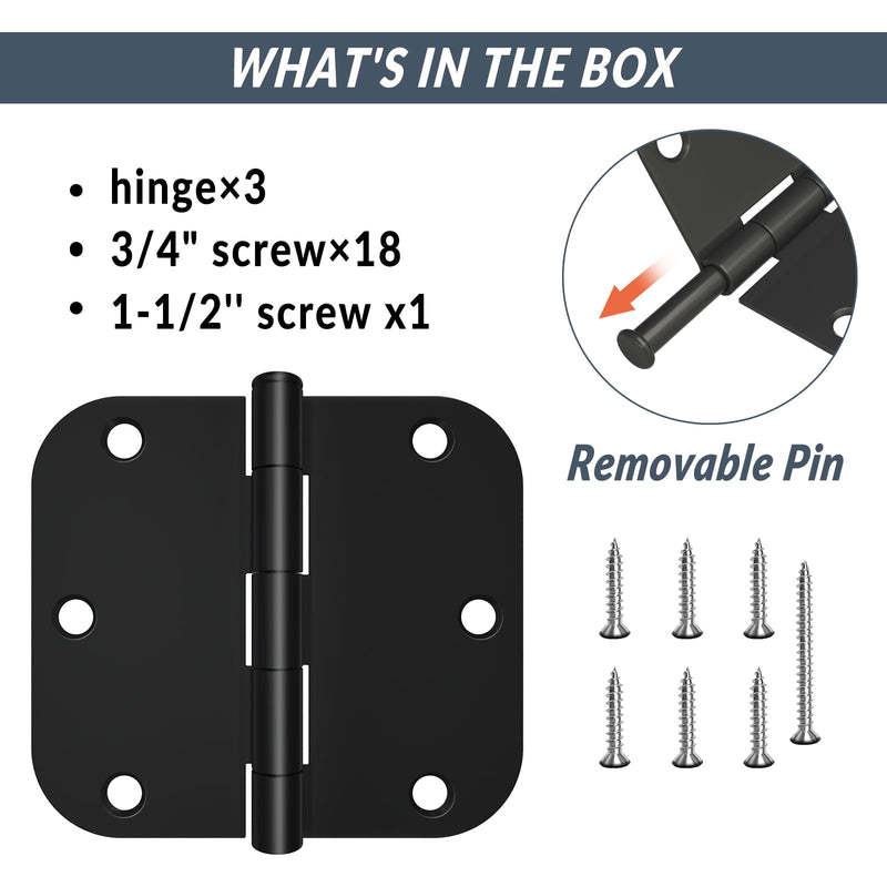 3 Pack Rounded Matte Black Door Hinges 3.5 x 3.5 inch with 5/8 Radius, Black 3 1/2 Interior Door Hinges, 3 ½"x 3 ½" Hardware 3 Pack Matte Black-5/8 Radius
