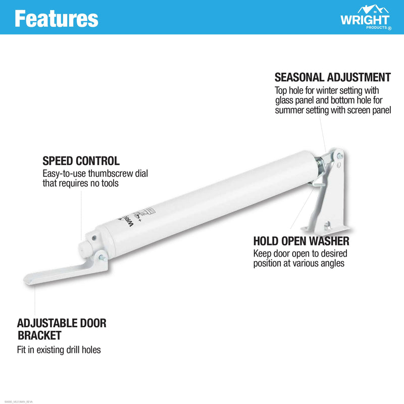 Wright Products Pneumatic Storm Door Closer – Adjustable, Smooth-Closing with Hold-Open Washer,White