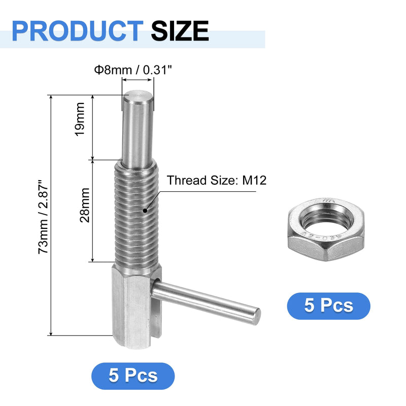 uxcell 5Pcs Retractable Indexing Plunger Pin, M12 l Spring Plunger Stainless Steel Spring Loaded Latch Telescopic Locking Pin with Nut for Machinery Shipbuilding 5