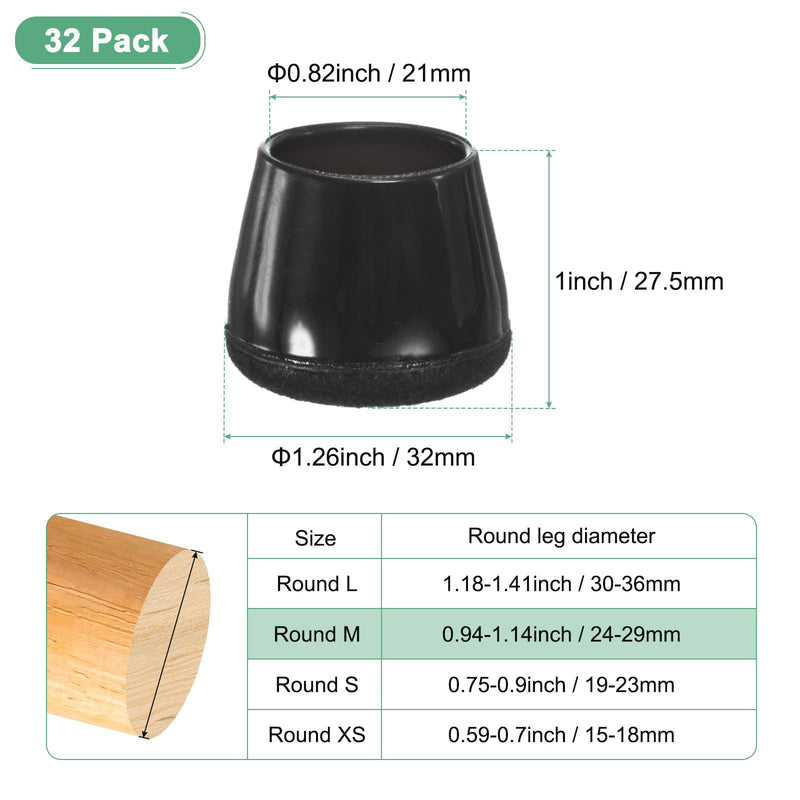 32-Pack Chair Leg Floor Protectors, 0.94-1.14 Inch Silicone Cups Round Felt Furniture Pads for Hardwood Floors/Laminates/Carpets, Chair Leg Covers Socks [Black] Black Fit 0.94-1.14"