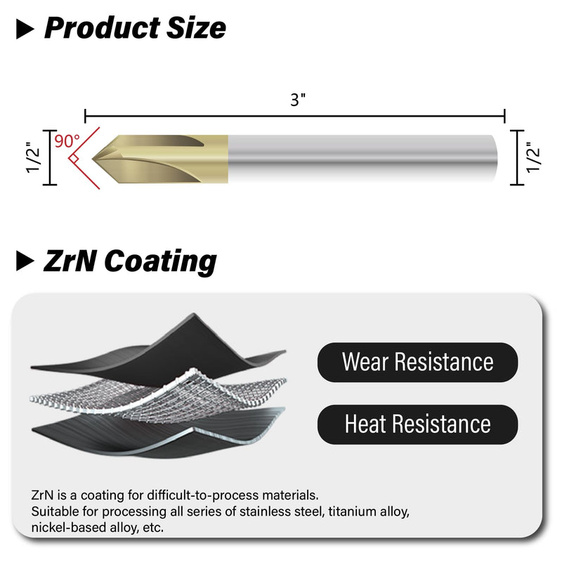 Carbide Chamfer End Mill 90 Degree 1/2" Shank Dia - V Groove CNC Carving Bits 4 Flutes ZrN Coating Milling Cutter V Bits for Alloy Steels, Hardened Steels 1/2 in 90°