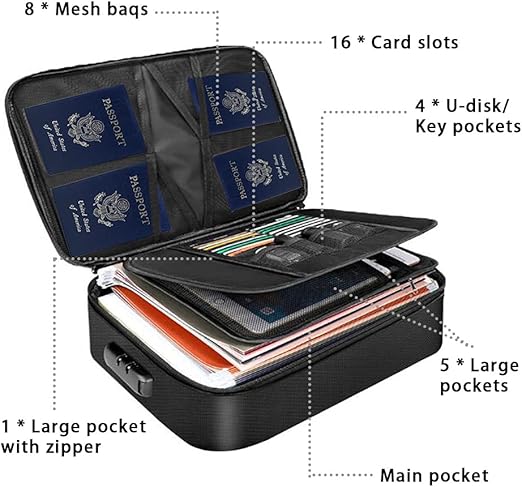 Fireproof Document Box with Lock,File Safe Bag for Home,Multi-Layer Important Document Organizer,Office Paper Storage File Folder Box for Laptop Certificates Passport,Portable Waterproof Pro-FP Box