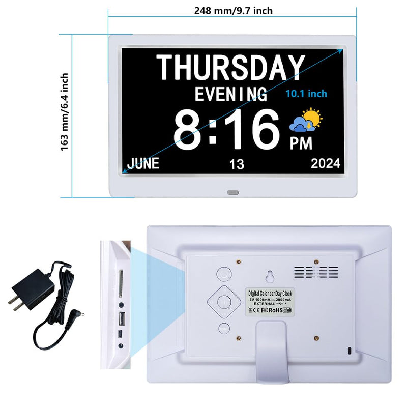 AINFTIME DST Digital Clock with Date and Day of Week for Elderly-12 Alarms Medication Reminder Dementia Alzheimers Clock Calendar with Extra Large Display (10.1 inch White) 10.1 inch White