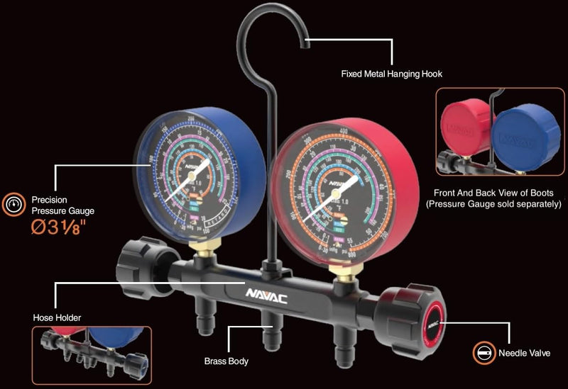 NAVAC NMGB1 Impact-Resistant Refrigerant Pressure Gauge Boots | Protective Rubber Covers Pro Manifold Gauges NMG11A, NMG12A, NMG13A, NMG14A, NMG15A | Fits 3-1/8" Diameter | 1 Red, 1 Blue