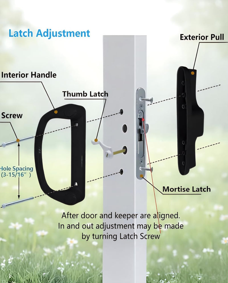 Aluminum Sliding Glass Patio Door Handle Set with Mortise Lock & Keys, Fits 1-1/4" to 2" Thick Doors 3-15/16" Hole Spacing, Adjustable Thumb Latch, Non-Handed, Black Keyed Handles + Mortise Lock