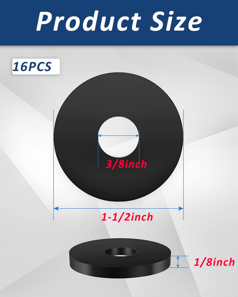 Rubber Washers - 16PCS Flat Rubber Washers for Bolts Spacers, 1 1/2" OD x 3/8"ID x 1/8 Inch Thickness, Heavy Duty Abrasion Resistant Rubber, Black Vibration Damping Pads 3/8ID x 1-1/2OD-16pcs