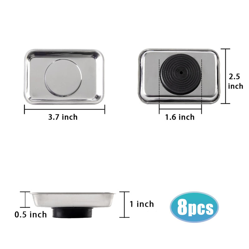 8 Pieces Rectangle Magnetic Trays Set Stainless Steel Magnet Tool Tray Parts Holder for Screws, Sockets, Bolts, Pins, Mechanic's and Automotive 8 Pieces Set (3.7" x 2.5")