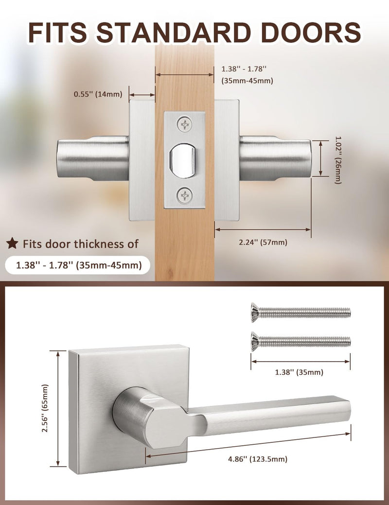 2 Pack Square Brushed Nickel Door Handles Interior, Non-Locking Interior Passage Door Lock Hallway/Closet Door Lever, Heavy Duty Modern Door Handle 2 Passage Door Lever