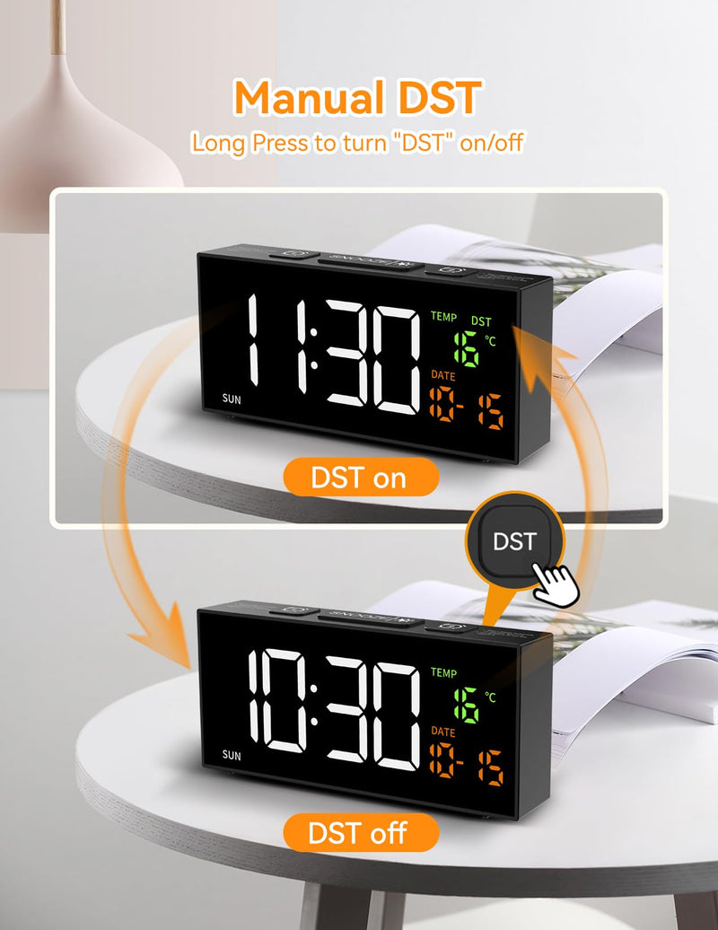 Netzu Alarm Clocks for Bedrooms, Digital Clock with Date Temperature and Weekday, Manual DST, Snooze, 2 Alarms, 4 Volumes for Living Room Home Bedside Desk (Black) Black