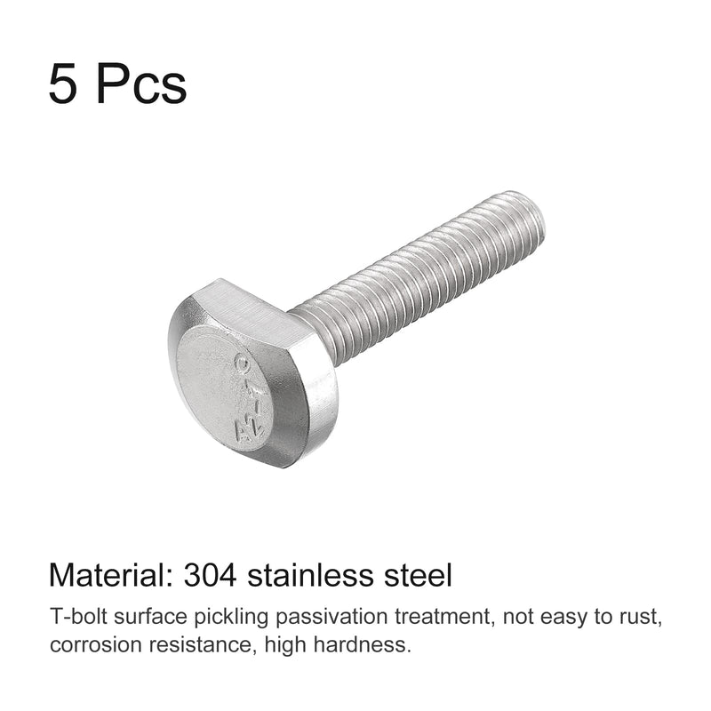 uxcell T-Slot Bolts, 5pcs M6x30mm T Slot Drop-in Stud Sliding Bolts 304 Stainless Steel T Shape Screws for T Track 5
