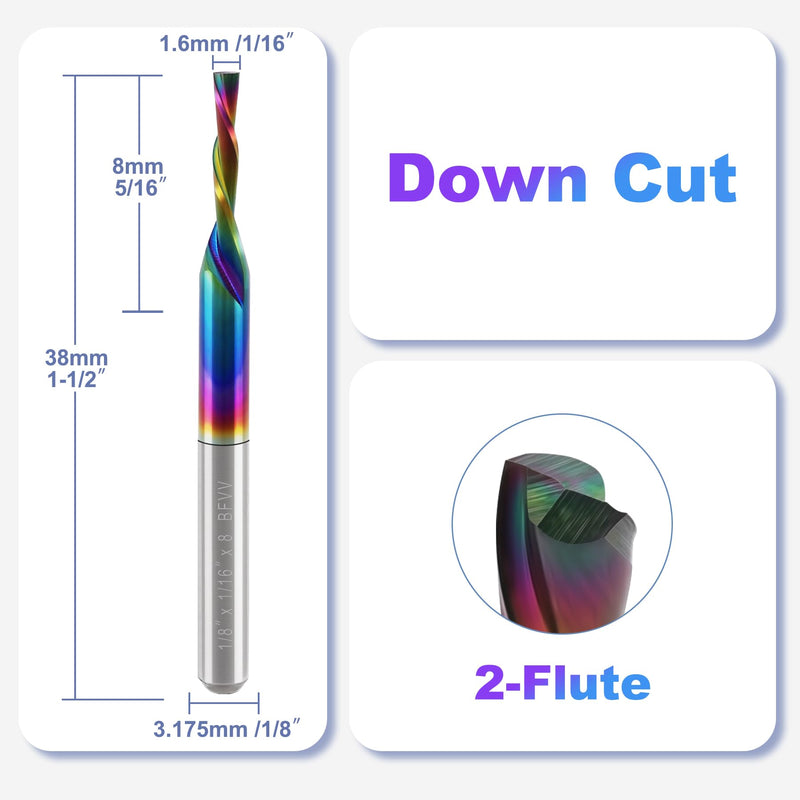 10 Pcs CNC Downcut Router Bits 1/8" Shank, 1/16" Cutting Dia. 2-Flute Flat Nose Carbide End Mill with DLC Coating, 1/2" CL, 1-1/2" OVL.Solid Carbide CNC Bit for Wood PVC MDF Hardwood Engraving 1/16"