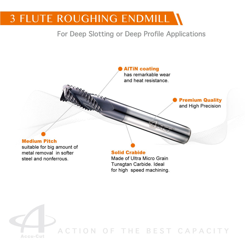 ACCUCUT I3KER 3/8” Carbide Roughing Square End Mill - 3 Flute Milling Bit for Steel, Forge Steel, Hardened Steel, Copper, Alloys & Materials < HRC 50-35 Degree Helix, AlTiN Coating CNC Router Bit