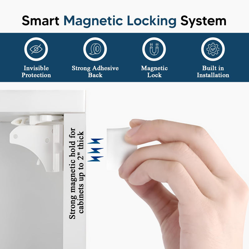 Blessimo® 12 Pack Magnetic Cabinet Locks Baby Proofing with 12 locks and 2 Keys - Child Locks For Kitchen, Cabinets and Drawers - 3M Adhesive Easy Installation White