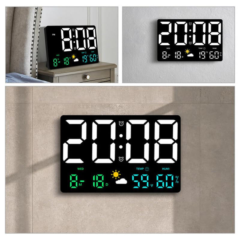 Large Digital Wall Clock with Temperature and Humidity Sensor Colorful Led Weather Forecast Alarm Calendar Timer for Home and Office Use 9.7X6.2 Inch