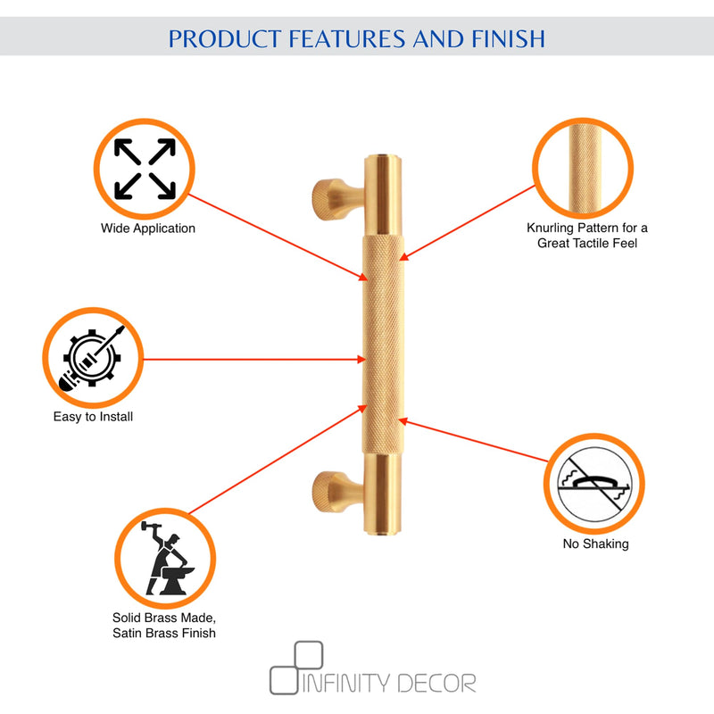 Infinity Decor Pair of Satin Brass Knurled Cabinet Drawer T Bar Pull Handle - 160mm Ideal for Kitchen Cupboard, Wardrobes, Interior Furniture Doors