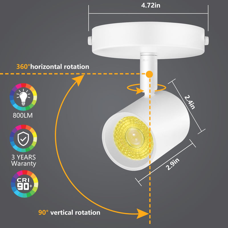 VANoopee 5-Color Dimmable Ceiling Spotlight Flush Mount Adjustable Directional LED Spot Lights Indoor Bright Accent Fixture for Art Picture Living Room Bedroom - CRI90 24° Flicker Free 10W 800lm White 1 Pack
