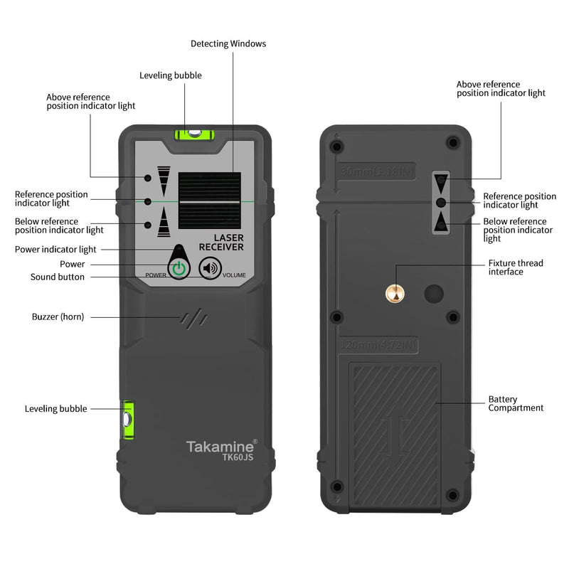 Takamine Laser Level Receiver, Working Distance Up to 147 ft, Red & Green Pulse Beam Line Laser Detector, Dual-Sided Smart LED Indicator with Level Bubble, Adjustable Speaker, Includes Clamp