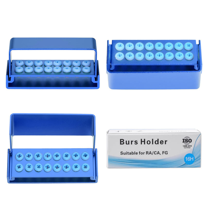 16 Holes Burs Holder Block Case 1.6mm&2.35mm Shank for CA/RA＆FG Autoclavable Burs Holder with Silicon Cover Blue Color