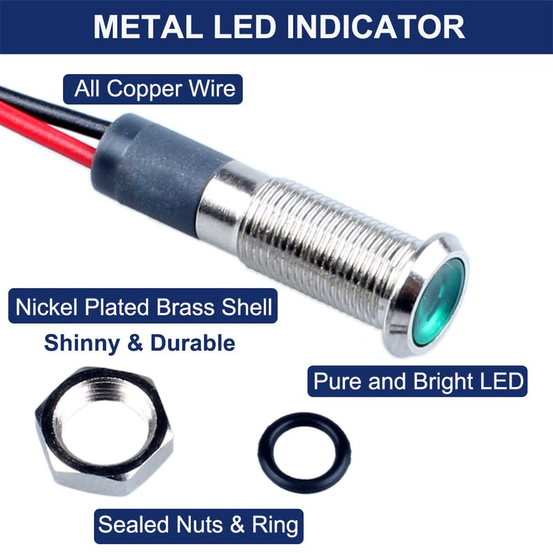 5 Pcs 6mm 110V-220VAC Metal LED Indicator Light Mounting Hole 1/4" 20mA Energy Saving Signal lamp Waterproof IP67 with Wire for machine tools household appliances etc. Green LED