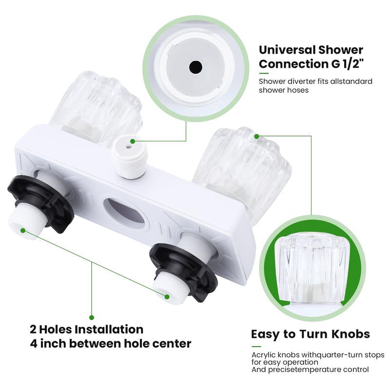 RV Shower Faucet, Dual-Handle Camper Shower Faucet with Acrylic Knobs, 4" RV Shower Valve Diverter, RV Outdoor Shower for RV, Camper Van, Outside and Inside Bathroom Shower (White) White