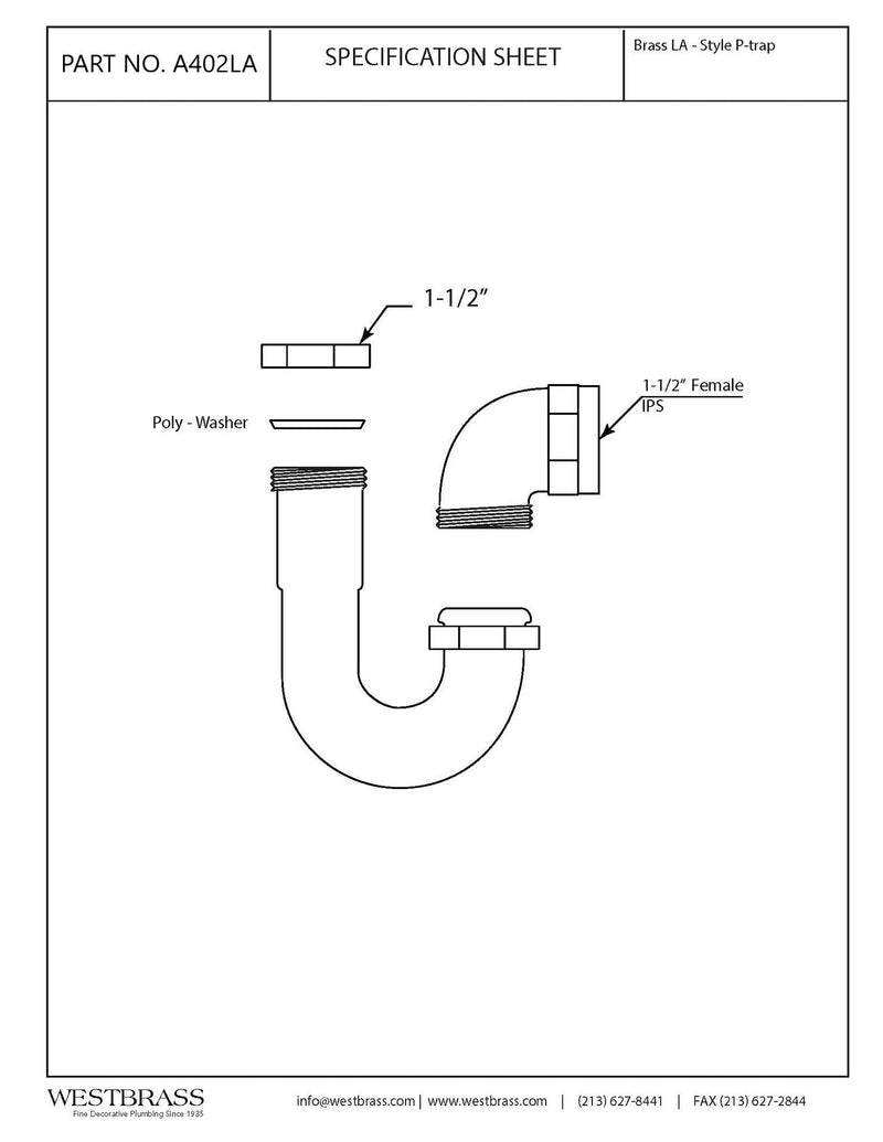 Westbrass A402LA-07 1-1/2" Brass LA Code P-Trap, Satin Nickel