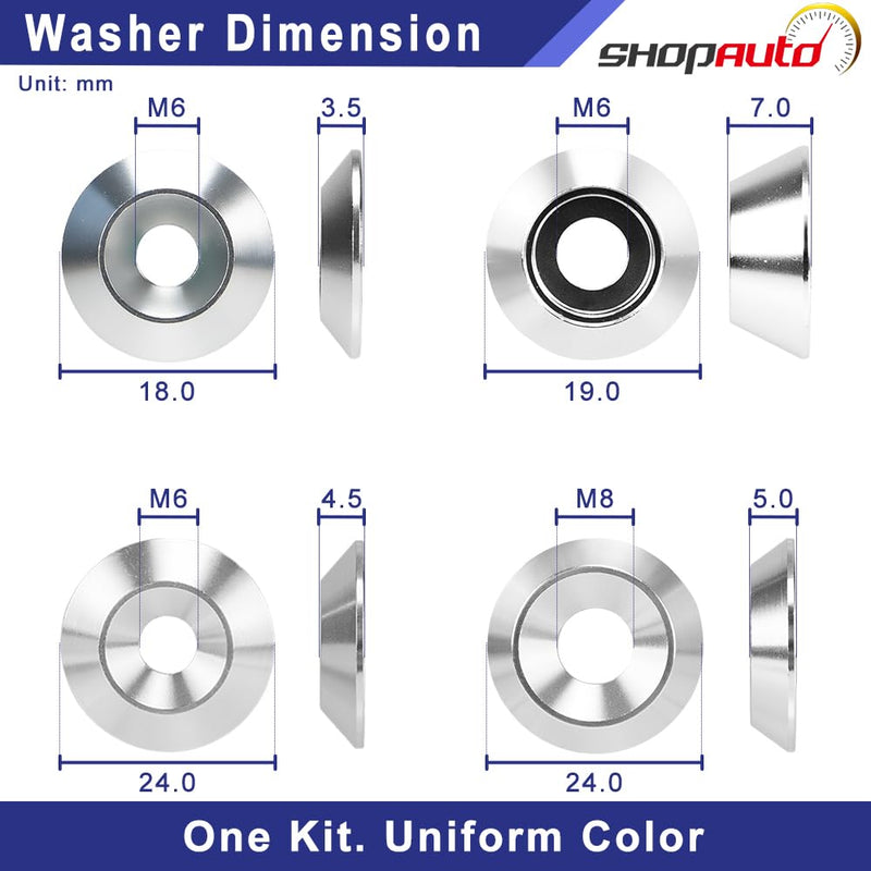 24-Set M6/M8 Washer Hardware Kit, Silver | Anodized aluminum tapered & cup washers with stainless bolts. Ideal for fender flares, widebody kits & engine bays. 24-Piece