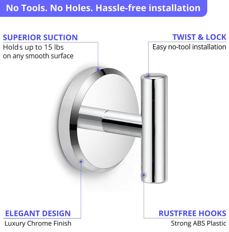 HOME SO Suction Cup Hooks T Shape for Shower, Bathroom, Glass Door, Mirror, Tile – Loofah, Towel, Coat, Bath Robe Hook Holder for Hanging up to 15 lbs – Waterproof & Rustproof, Chrome (2-Pack) 2.0