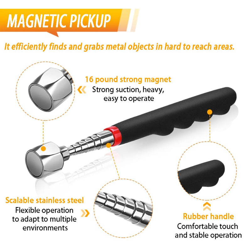 Telescoping Magnetic Pickup Tool Set Pull Force 22 lb, Extendable Magnet Pick-Up Tools, Telescopic Magnet Stick, Round 360° Swivel Adjustable Inspection Mirror, Birthday Gifts for Men, Dad, 2 Pack