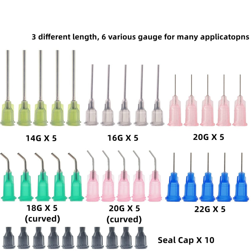 25 Pack 1ml, 3ml, 5ml, 10ml, 20ml Glue Dispenser with14ga,16ga, 18ga, 20ga, 22ga Glue Dispensing tip and Caps for Measuring and Refilling, Glue Applicator or Oil 25 Pack