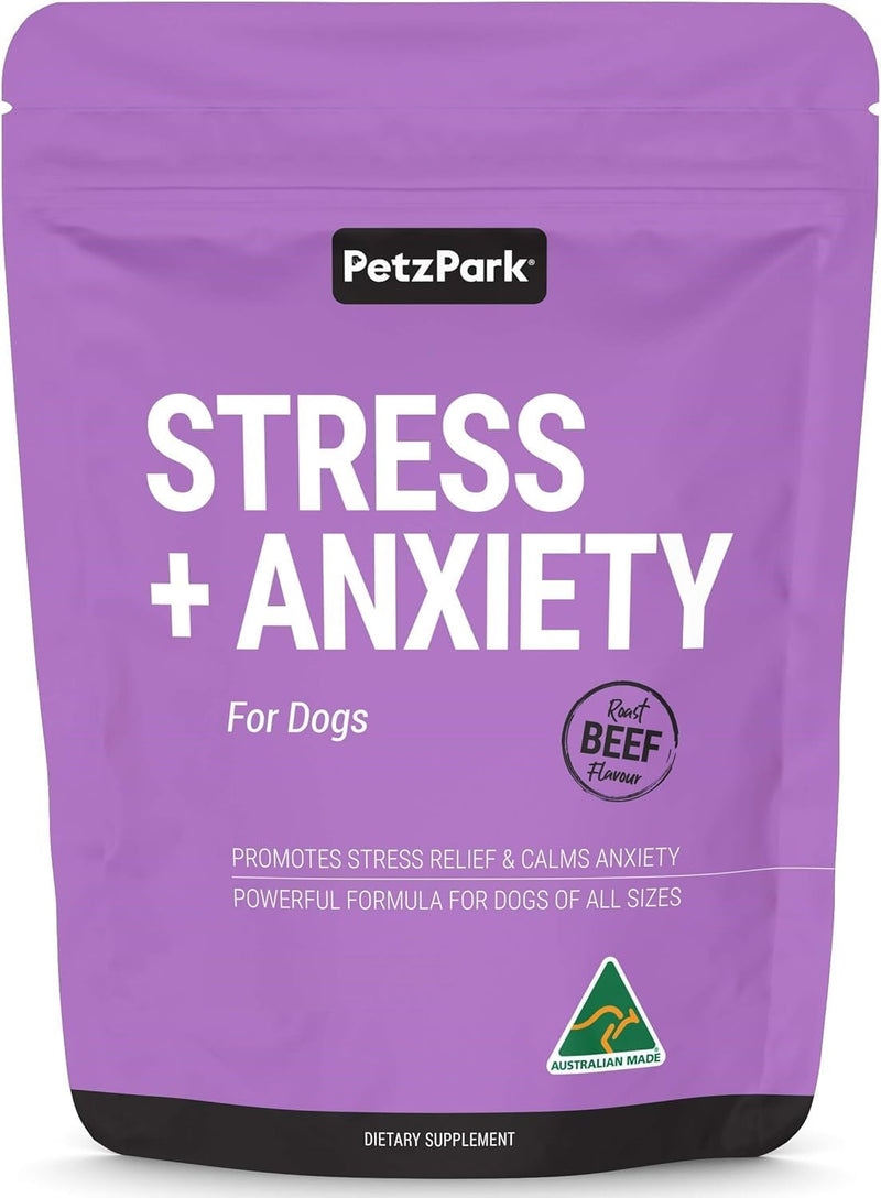 Stress and Anxiety Supplement for Dogs - Calming Dog Powder Supplement - Decreases Stress, Calms Fear & Anxiety, Eases Aggression & Insomnia, Relaxes Body and Mind - Beef Flavour - 3.2oz - 45 Scoops - PawsPlanet Australia
