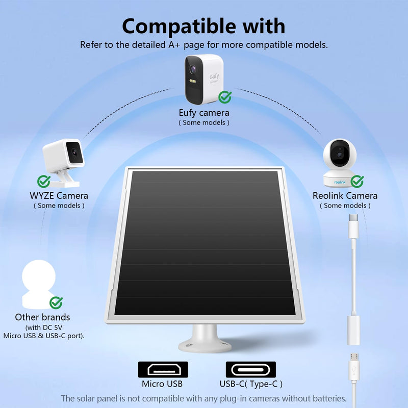 8W Solar Panel for Outdoor Security Camera, 5V Micro USB and USB - C Solar Panel Charger ，Fits Eufy/Wyze/Reolink DC 5V Output, IP65/360° Adjustable, 9.8ft Cable, Fast Charging white-1Pack