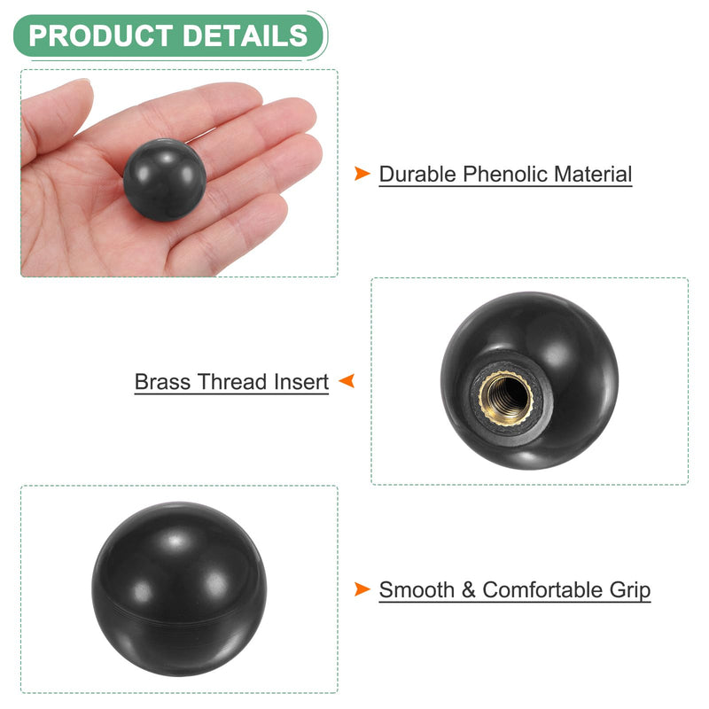 6-Pack Threaded Ball Knobs, M6 Female Thread 25mm Dia. Thermoset Ball Knob for Lathe/Machine/Lawn Mowers, Round Phenolic Brass Insert Lever Handle [Black] M6x25mm Black