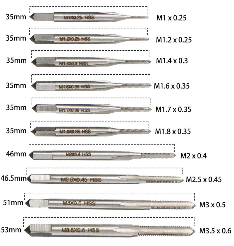 10pcs Micro Taps Bit Small Hand Screw Thread Taps M1-M3.5 HSS Mini Metric Plug Tap Screw Tap Drill Tap Drill Set Tapping tool with Adjustable Tap Wrench 1/16-1/4''