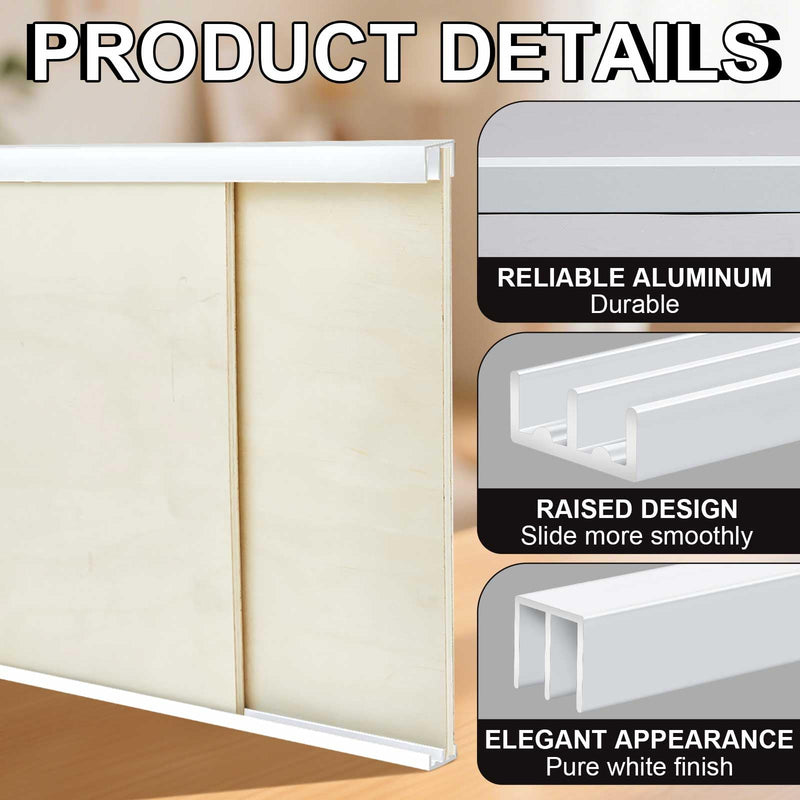 Landical 1 Set 4 ft White Aluminum Sliding Door Track Set for 1/4" Panels, Top and Bottom Closet Door Metal Track for Cabinet, Showcase, Glass or Wood Sliding Doors