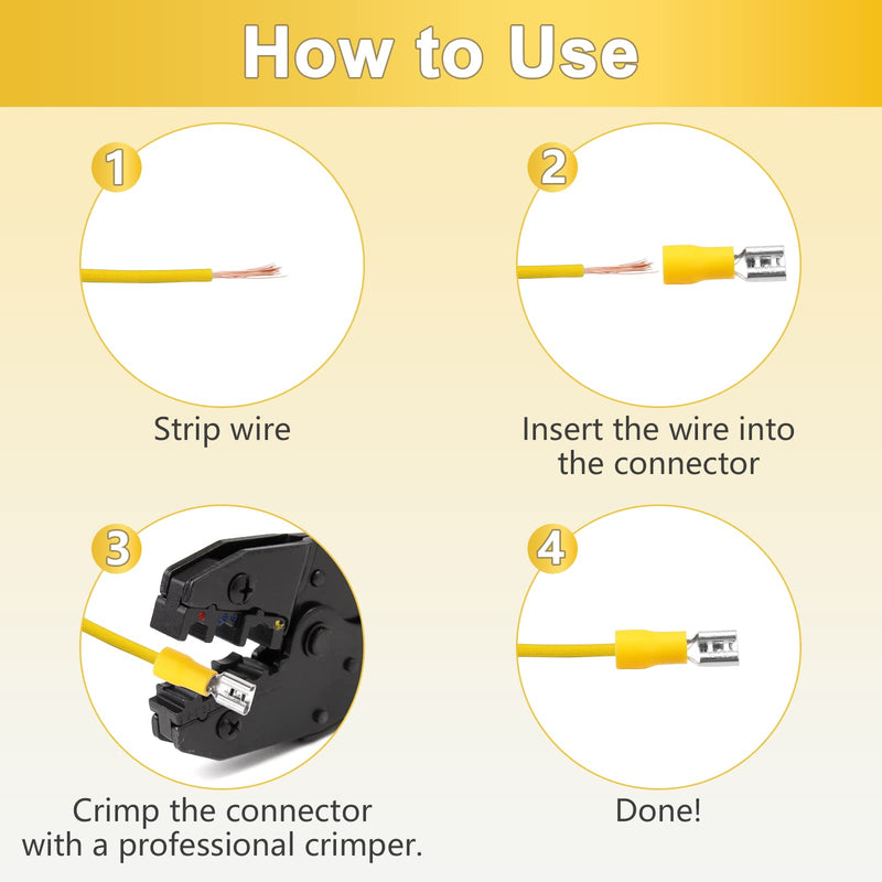 200 Pcs Yellow Female Quick disconnects Vinyl Insulated Spade Wire Connectors, Electrical Crimp Terminal 12-10 AWG (6.3mm) Yellow(12-10 AWG)