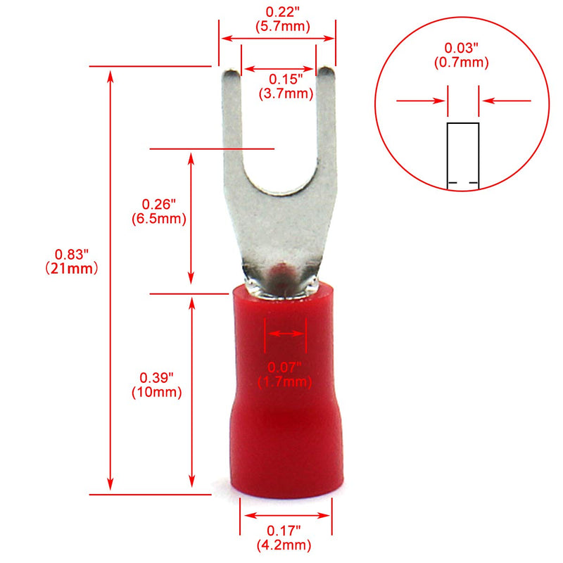 Baomain SV1.25-3.5S Insulated Stud Size #6 Size Fork Terminal 22-18 Gauge Red (100PCS) 100