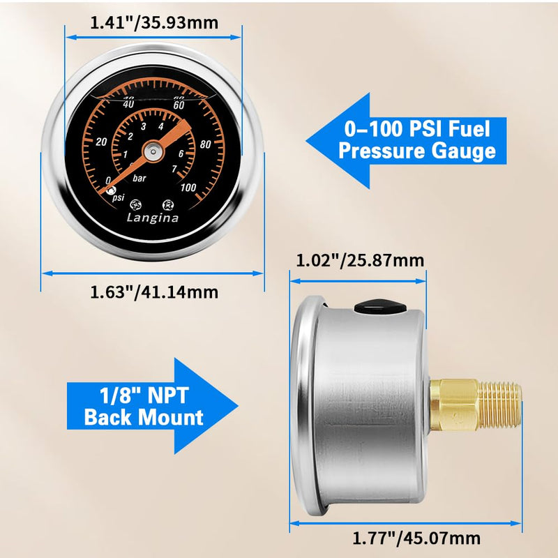 0-100Psi Fuel Pressure Gauge, 1/8" NPT Fuel Pressure Gauge, Back Mount, Glycerin Filled Pressure Gauge with Dual use 5/16" Barb(8mm) to 3/8"(10mm) Barb Hose Fitting