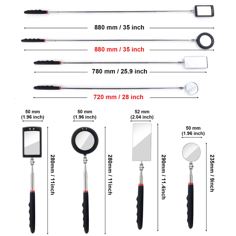 4PCS Telescoping Inspection Mirror LED Lighted Inspection Mirror for Mechanic Checking Vehicle, Car, Eyelashes, Mouth, Small Parts Observation (Extendable, Rectangle & Round)