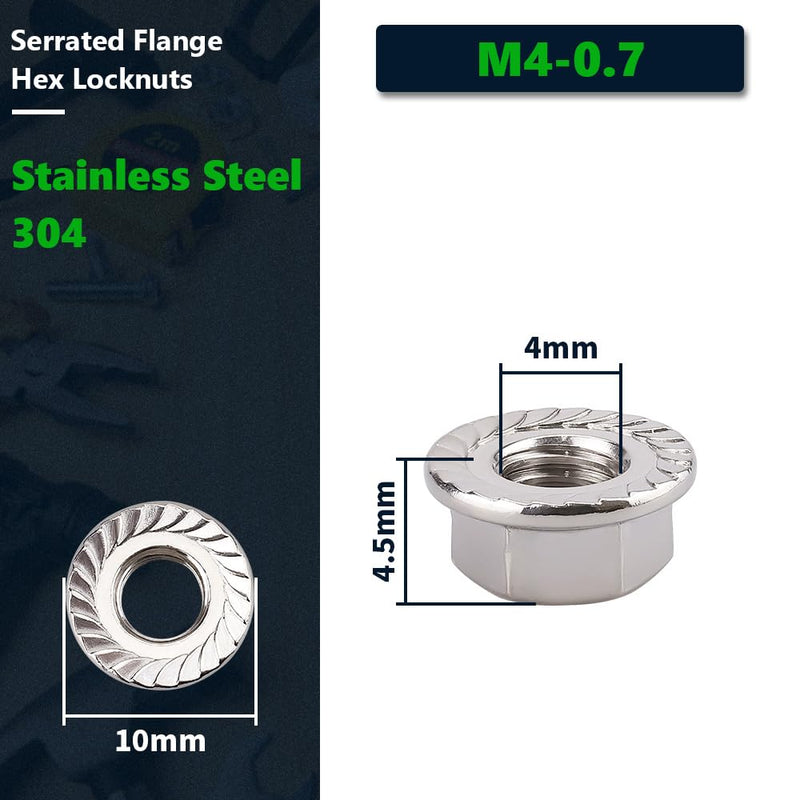 M4-0.7mm (100 Pack) Serrated Flange Hex Locknuts, 304 Stainless Steel 18-8 Lock nut, Finish Hex Lock Nut M4-0.7mm 100