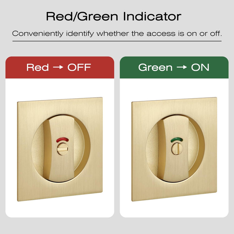 EHOMEWARE 1 Pack Gold Pocket Door Hardware, Privacy Pocket Door Lock with Red-Green Indicator, Keyless Square Pocket Door Handles, Recessed Sliding/Bifold Door Hardware, Contemporary Flat Door Knob Privacy Door Lock-1 Pack Satin Brass